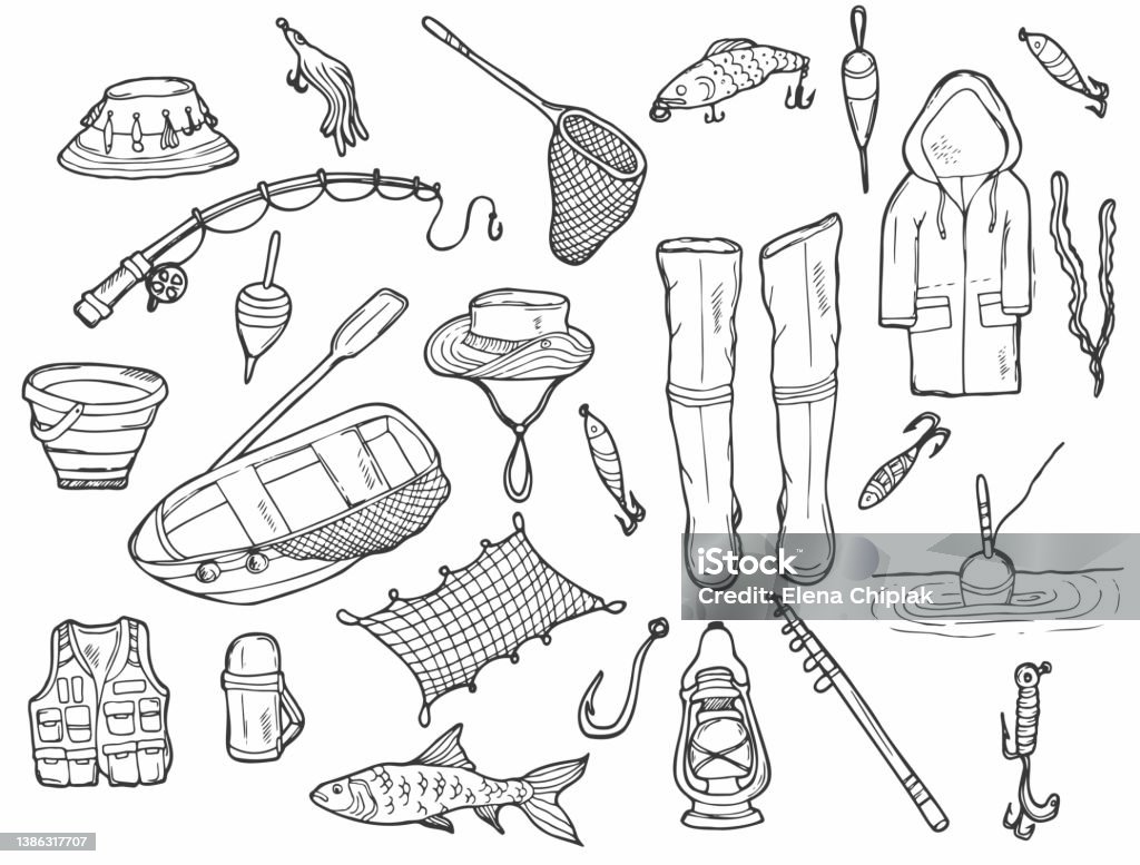 Doodle Fishing Set Fishing And Camping Stuff In Vector Hand Drawn  Illustration Stock Illustration - Download Image Now - iStock