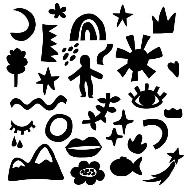 Hand drawn various objects. Doodle geometry abstract shapes. Vector trendy elements Hand drawn various objects. Doodle geometry abstract shapes. Vector trendy elements. cartoon of fish with lips stock illustrations