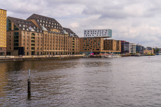 Berlin-Kreuzberg, Germany - September 12, 2021: View from the Oberbaumbruecke at the Spree River, looking south towards Treptow