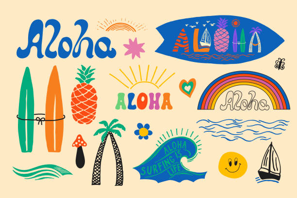 hawaiianische vektormenge. aloha hawaii elements kollektion - polynesian culture stock-grafiken, -clipart, -cartoons und -symbole