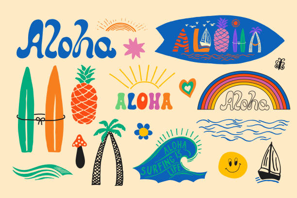 ilustraciones, imágenes clip art, dibujos animados e iconos de stock de conjunto vectorial hawaiano. colección de elementos de aloha hawaii - fruit watermelon drawing doodle