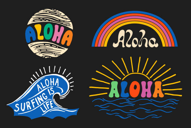 illustrations, cliparts, dessins animés et icônes de ensemble d’illustrations de texte décoratif aloha - hawaii islands illustrations