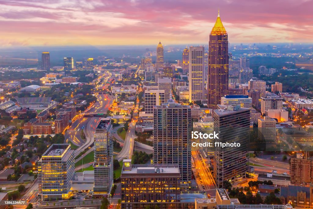 Downtown Atlanta center area skyline cityscape of  USA Downtown Atlanta center area skyline cityscape of  USA at twilight Atlanta - Georgia Stock Photo