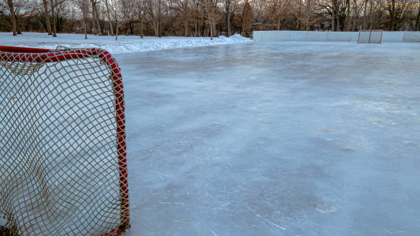 Red hockey net on outside ice rink A bright red hockey net on a outdoors ice rink ice hockey net stock pictures, royalty-free photos & images
