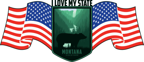 illustrations, cliparts, dessins animés et icônes de étiquette vectorielle du montana avec grizzli dans le parc national de yellowstone et drapeau des états-unis - us glacier national park