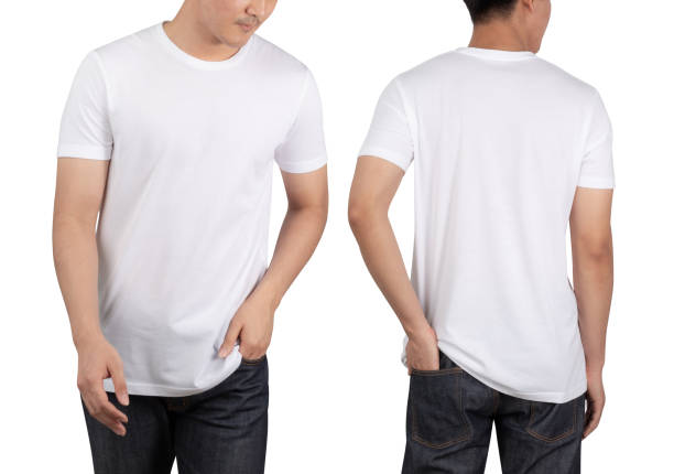 istock Young man in white T shirt mockup isolated on white background with clipping path 1386341340