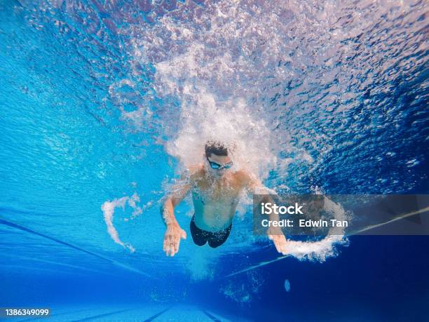 Underwater Low Angle View Asian Chinese Male Swimmer Swimming With Butterfly Style In Swimming Pool Stock Photo - Download Image Now