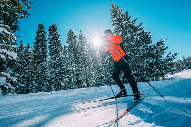 Close-Up Low Wide Angle Shot of a Cross-Country Skate Skier Skiing in a V1 Formation Along a Groomed Trail on a Clear, Sunny Day in the Grand Mesa National Forest in Colorado stock photo