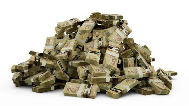 Photo of Big pile of 100 Canadian dollar notes. a lot of money over white background. 3d rendering of bundles of cash
