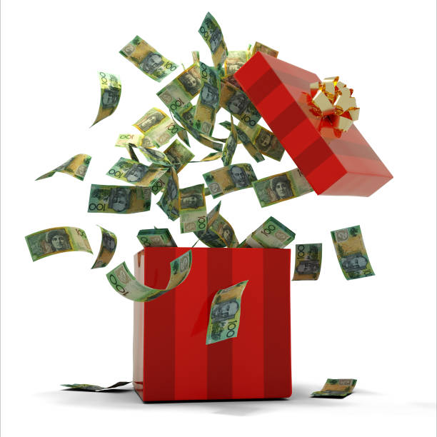 3D rendering of A lot of Australian dollar notes coming out of an opened red gift box. Money flying out of box 3D rendering of A lot of Australian dollar notes coming out of an opened red gift box. Money flying out of box australian dollar stock pictures, royalty-free photos & images