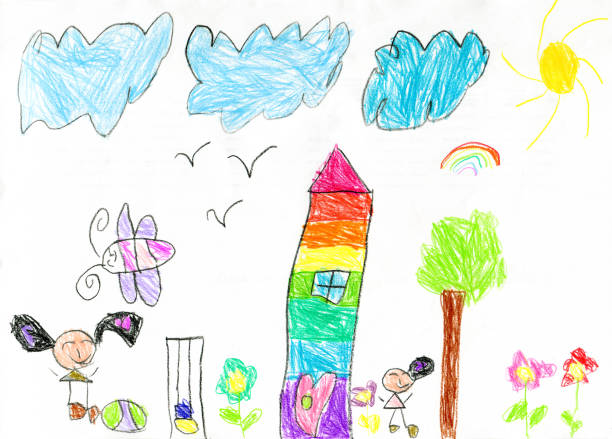 子供の絵:子供時代の生活 - childs drawing child preschool crayon点のイラスト素材／クリップアート素材／マンガ素材／アイコン素材