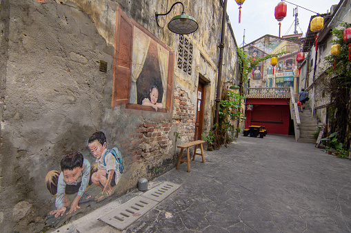 2023 Mar 17,Hong Kong .People walking on Beautiful mural in Sai Ying Pun, Hong Kong