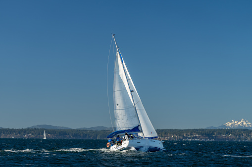 Seattle, Washington, USA - February 12, 2022: The winter Snowbird Regatta hosted by the The Shilshole Bay Yacht Club in Seattle, Washington races on a clear winter day.