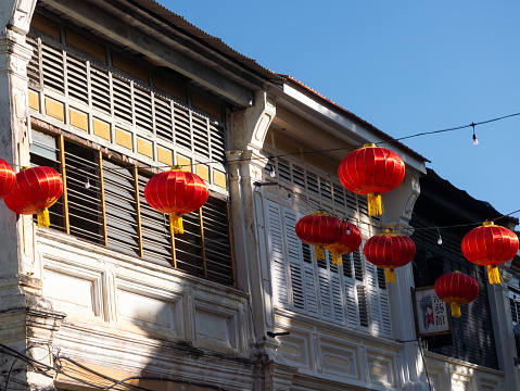 Georgetown, Penang, Malaysia - Jan 03 2020: Red lantern decoration at old building near Teochew Puppet & Opera House