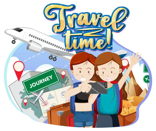 Vector illustration of Travel time typography design with travelers couple