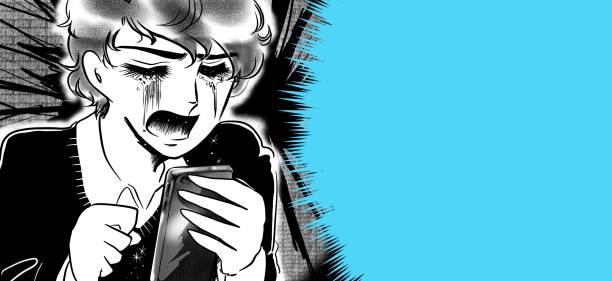 ilustrações, clipart, desenhos animados e ícones de ilustração de um menino bonito com cabelo preto e um perm natural que está com o coração partido e chora para verificar seu smartphone pintado pelo estilo de um mangá shojo dos anos 70. - debt crisis audio
