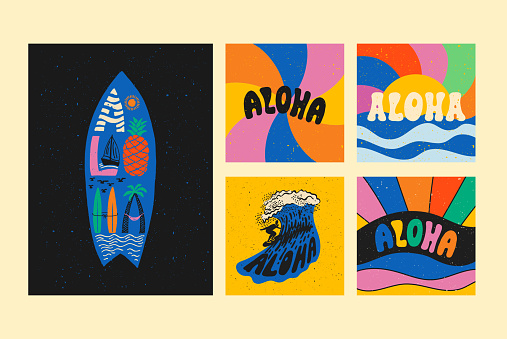 Aloha surfing lettering. Vector calligraphy illustration. Hawaiian handmade tropical exotic t-shirt graphics. Summer apparel print design. Retro drawn sea wave, sun, spray, vintage texture