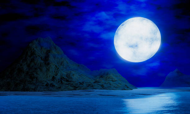 istock Wide grasslands with pine trees and mountains alternate in background. Full moon night bright stars are filling the sky. Night mountain scenery with fireflies flying above the ground. 3D Rendering 1386390113