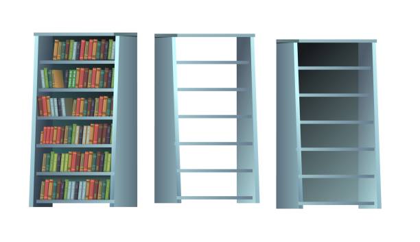 istock Set of bookshelves for library and study. Different books. Modern minimalistic furniture design. Cartoon style. Object isolated on white background. Vector 1386391588