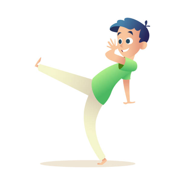 ilustrações de stock, clip art, desenhos animados e ícones de kid practices brazilian capoeira, standing in pose, swinging his leg. joyful boy have fun doing sports, dancing - capoeira brazilian culture dancing vector