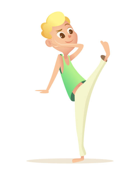 junge in sportuniform, t-shirt und weißer hose hebt das bein hoch. kind mit blonden haaren macht capoeira - capoeira brazilian culture dancing vector stock-grafiken, -clipart, -cartoons und -symbole