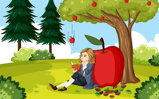 Isaac Newton sitting under apple tree illustration