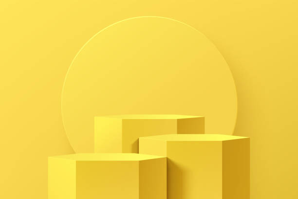 istock Realistic yellow 3D hexagon stand or steps podium set with circle wall scene background. Minimal scene for products stage showcase, Promotion display. Vector abstract studio room with geometric forms. 1386394774
