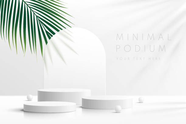 istock Realistic white 3D cylinder pedestal podium set with green palm leaf. Minimal scene for products stage showcase, promotion display. Vector geometric forms in shadow. Abstract clean studio room design. 1386394834