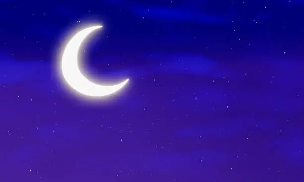 Photo of crescent moon The sky is bright pink and blue. The starry sky is covered with little clouds. The sky has the moon at night. Use for Background or Wallpaper. 3D Rendering.