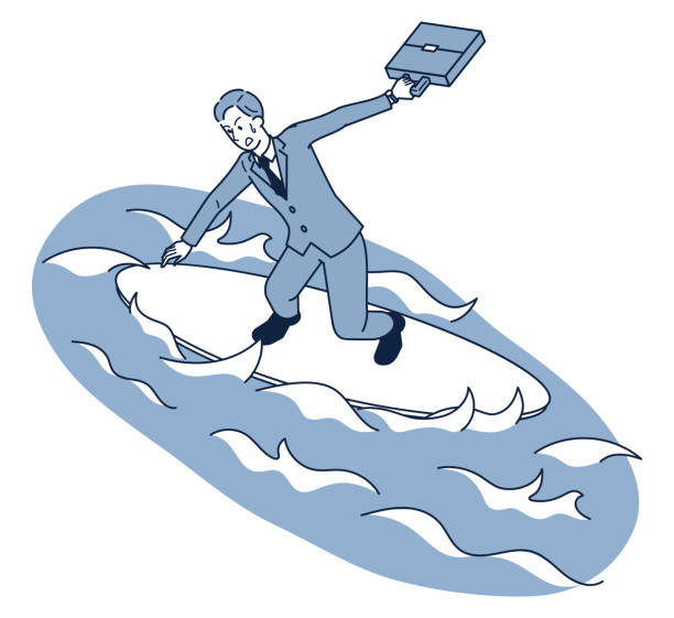 istock Isometric of a businessman in a suit riding a rough sea on a surfboard 1386395820