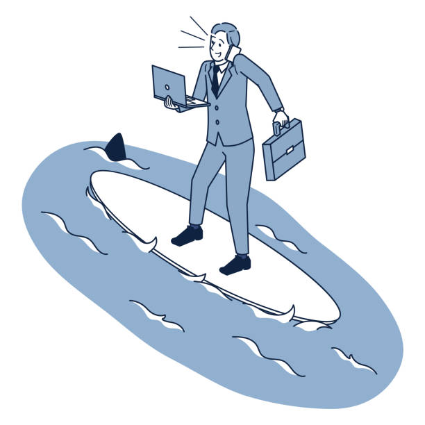 istock Isometric of a surfing businessman with plenty of work and play 1386395834
