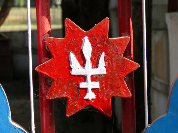 istock Trident symbol in the Hindu temple,Trishul symbol 1386395900