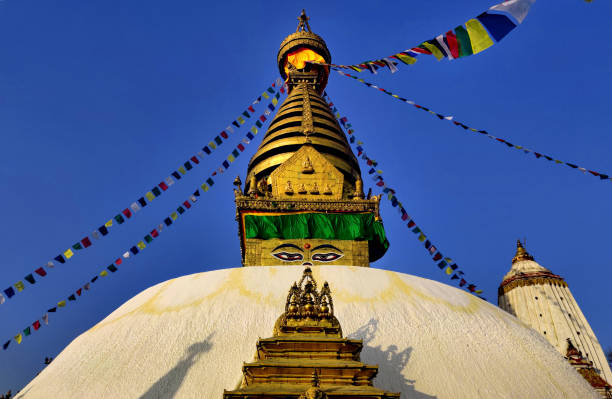 swoyambhu stupa or monkey temple, kathmandu, nepal, asia.temple complex built on a hill in the west of kathmandu - swayambhunath imagens e fotografias de stock
