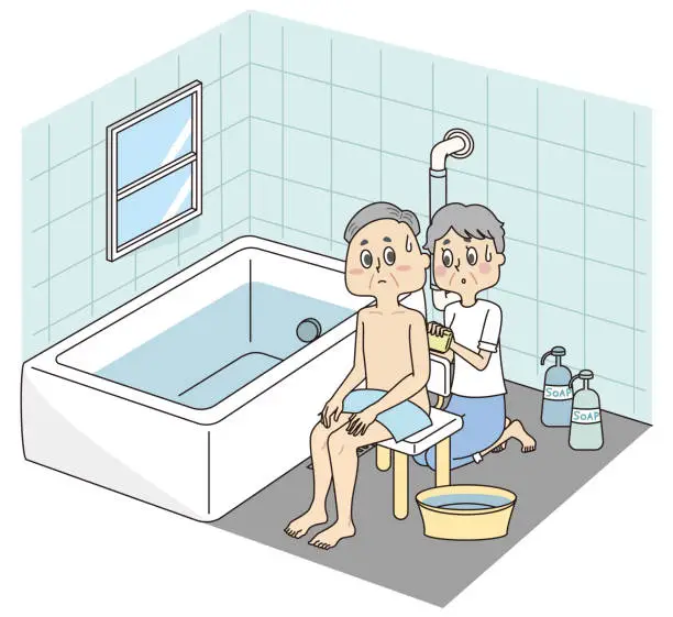 Vector illustration of Senior men who have their bodies washed in the bath and senior women who assist in bathing