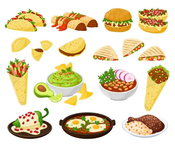 Vector illustration of Set of national dishes of Mexico Collection Mexican meals  Mollete, Pozole, Pambazo, Empanadas, Enchiladas, Huevos, Chiles en nogada, Mole Poblano, burrito, quesadilla, tacos, nachos guacamole Vector