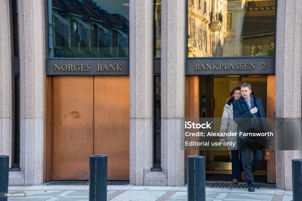 Oslo, Norway Oslo, Norway March 3, 2022 People exiting the Norway Central bank offices on Bankplassen. Norway Stock Photo