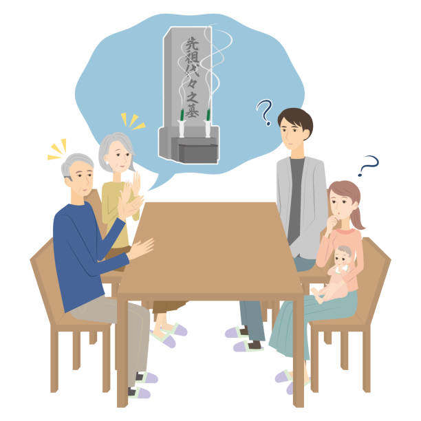 A senior couple who consults about the grave and a son couple who can not understand It is an illustration of a senior couple discussing a grave after death at home, but it is a difficult story and the son and his wife do not understand well. funeral expense stock illustrations