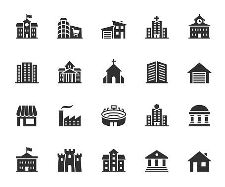 Vector set of building flat icons. Contains icons mall, house, bank, church, factory, stadium, mansion, castle and more. Pixel perfect.