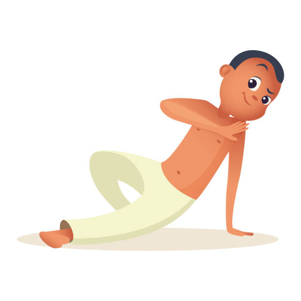 Serious boy doing capoeira movement from below while standing on one arm and leg. Child goes in for sports Serious boy doing capoeira movement from below while standing on one arm and leg. Child goes in for sports. Vector illustration acrobatic gymnastics stock illustrations