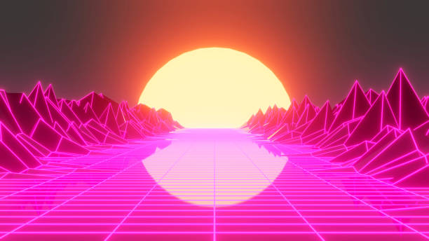 istock Retro neon sunset. Vaporwave vintage 3D neon landscape.3d illustration 1386404976