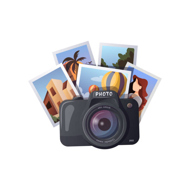 Camera and travel photos. Camera and travel photos. Travel, tourism, adventure, journey, photography, memories concept. Isolated vector illustration for banner, poster, cover, advertising. camera covers pictures stock illustrations