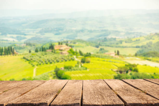 Wooden top for product placement in front of vineyard landscape stock photo