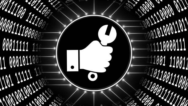 Hand with wrench in center of abstract futuristic background of data flow - binary code arranged in cylinder shape - 3D Illustration