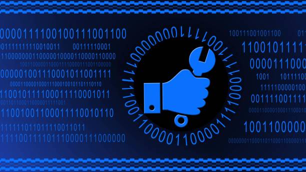 Hand with wrench centered in a ring of binary code on blue digital background - symbolic of installwork - 3D illustration