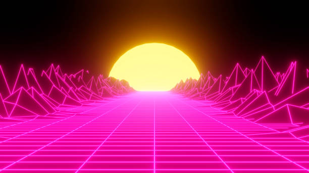 istock Retro neon sunset. Vaporwave vintage 3D neon landscape.3d illustration 1386406332