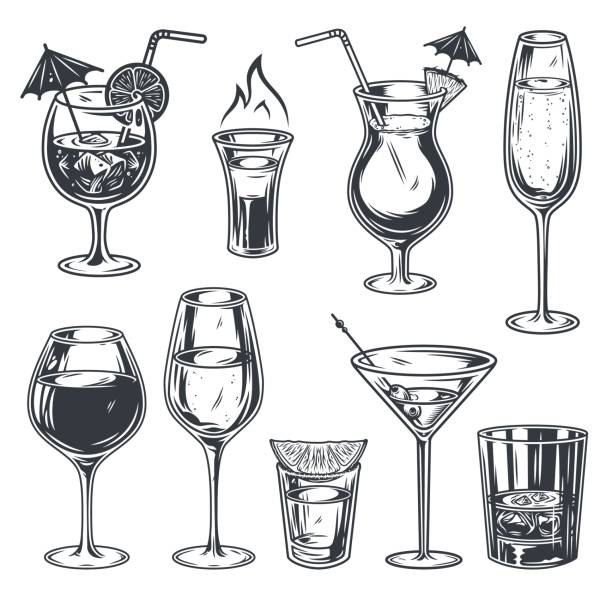 ilustrações de stock, clip art, desenhos animados e ícones de cocktail set wine whiskey tequila martini shot - margarita cocktail drink umbrella drink