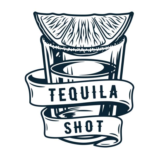 Tequila shot cocktail with tropical lime and salt Tequila shot with lime and salt. Alcohol cocktail with ribbon for bar, pab or restaurant. Tropical tequila. Hand drawn illustration to vector isolated on background tequila shot stock illustrations