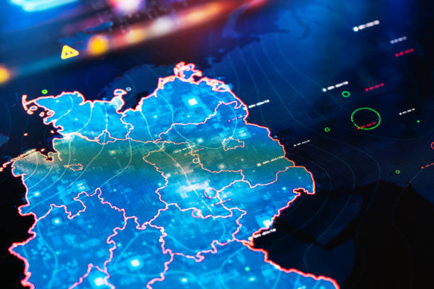 istock Map of Germany on digital display 1386414114