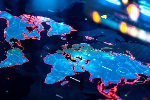 weltkarte auf digitaler anzeige - globale kommunikation stock-fotos und bilder