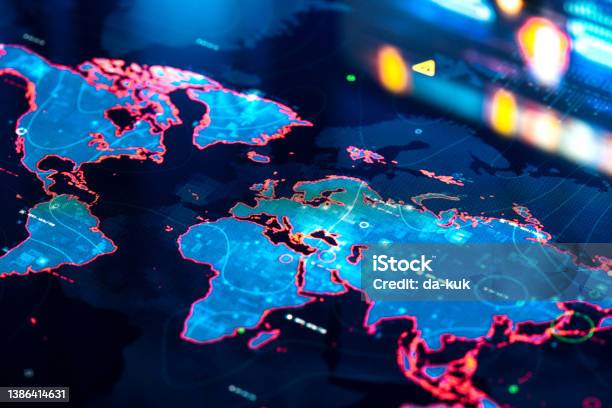 World Map On Digital Display Stock Photo - Download Image Now - Global Business, Global Communications, Global